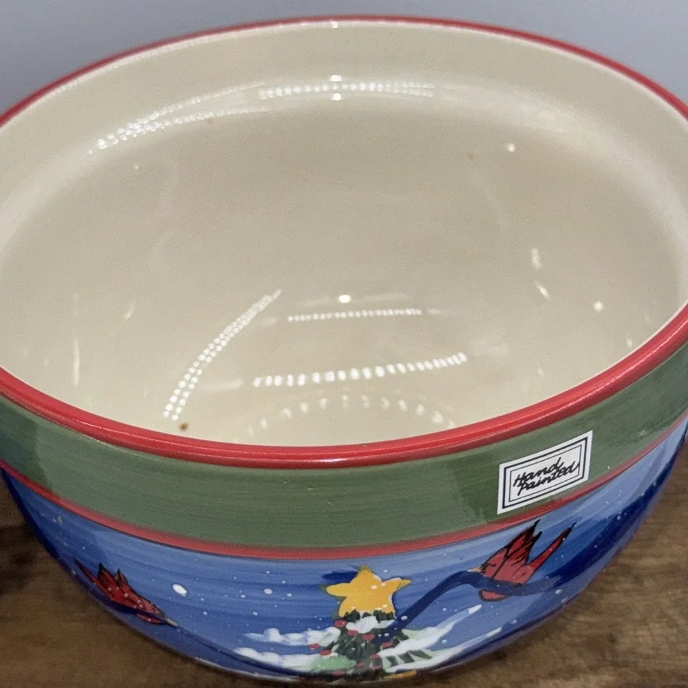 Mixing Serving Bowls Set of 2 Hand Painted‎ Christmas Tree Cardinal Stoneware